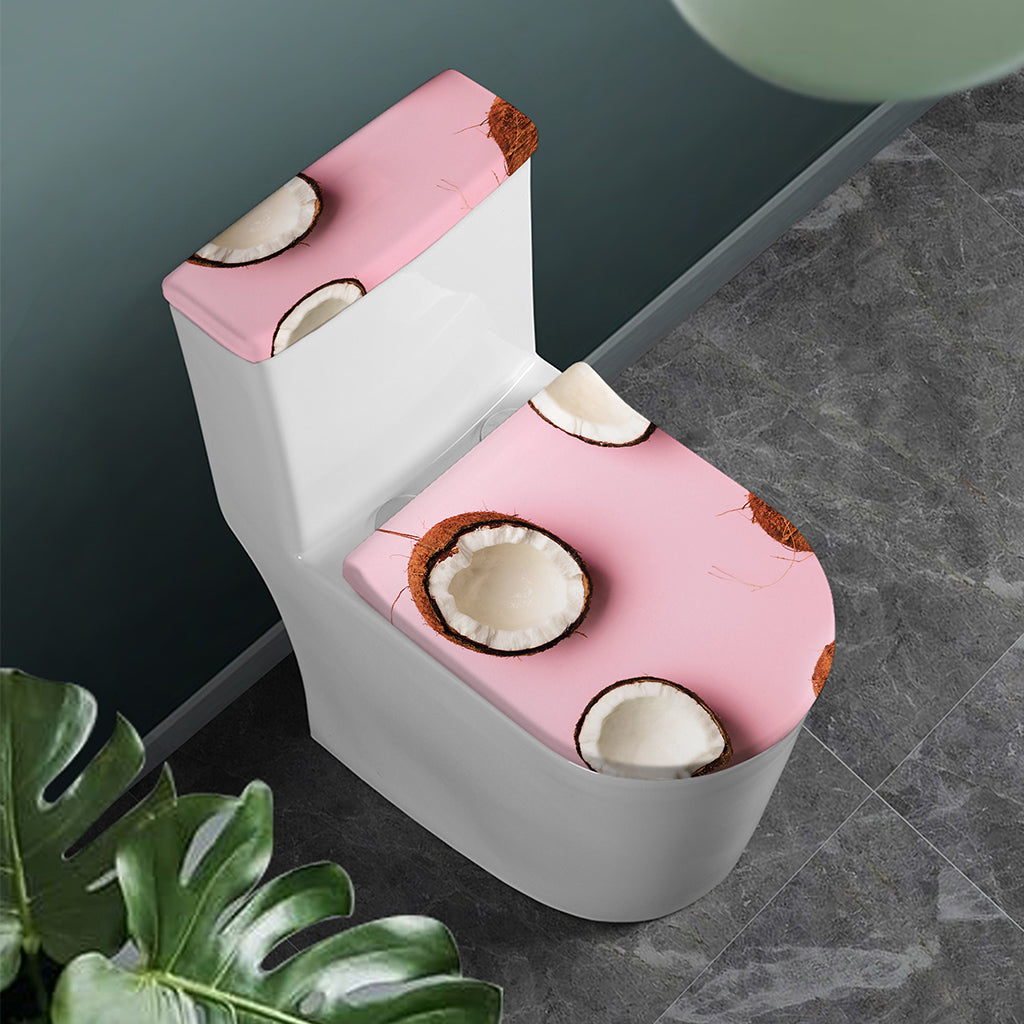 Pink Coconut Pattern Print Toilet Lid And Tank Cover Set