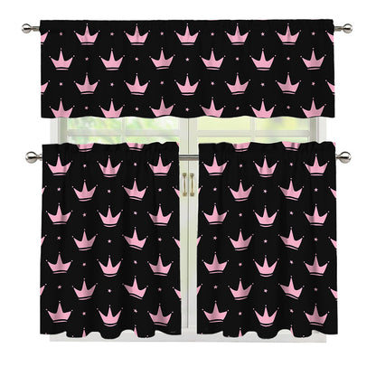 Pink Crown Pattern Print 3 Piece Kitchen Curtains