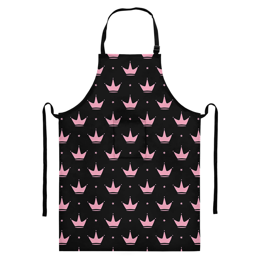 Pink Crown Pattern Print Bib Apron With Pocket