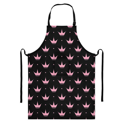 Pink Crown Pattern Print Bib Apron With Pocket
