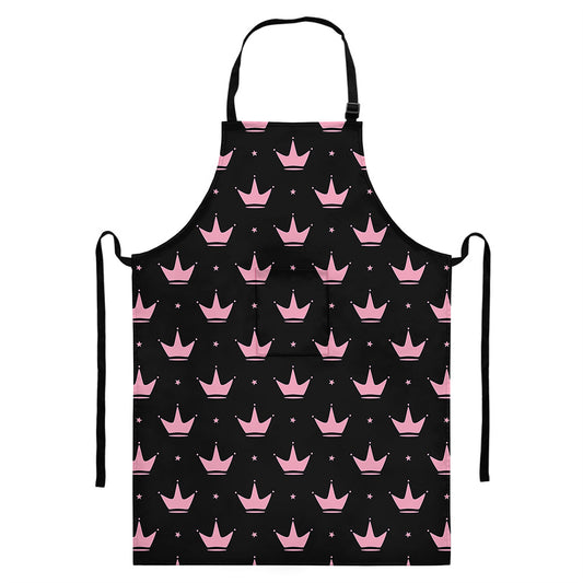 Pink Crown Pattern Print Bib Apron With Pocket