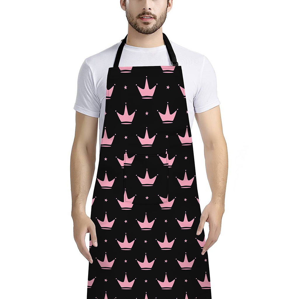 Pink Crown Pattern Print Bib Apron With Pocket