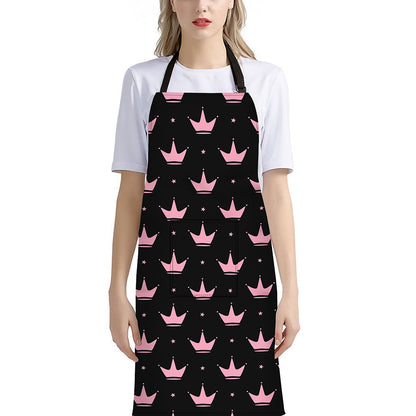 Pink Crown Pattern Print Bib Apron With Pocket
