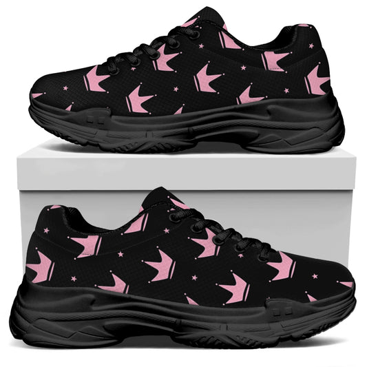 Pink Crown Pattern Print Black Chunky Shoes