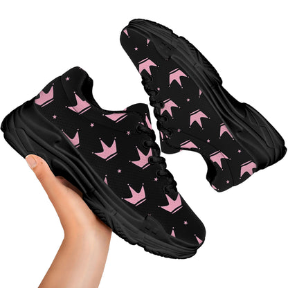 Pink Crown Pattern Print Black Chunky Shoes