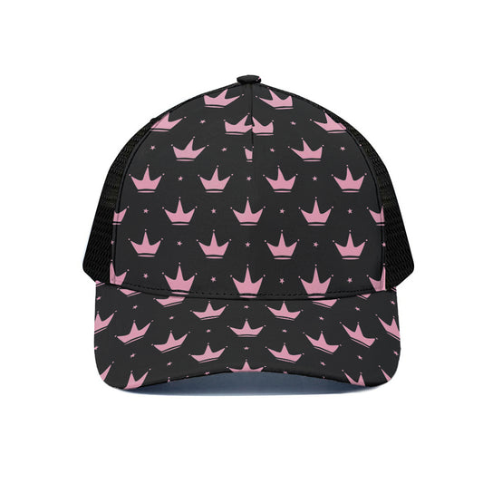 Pink Crown Pattern Print Black Mesh Trucker Cap