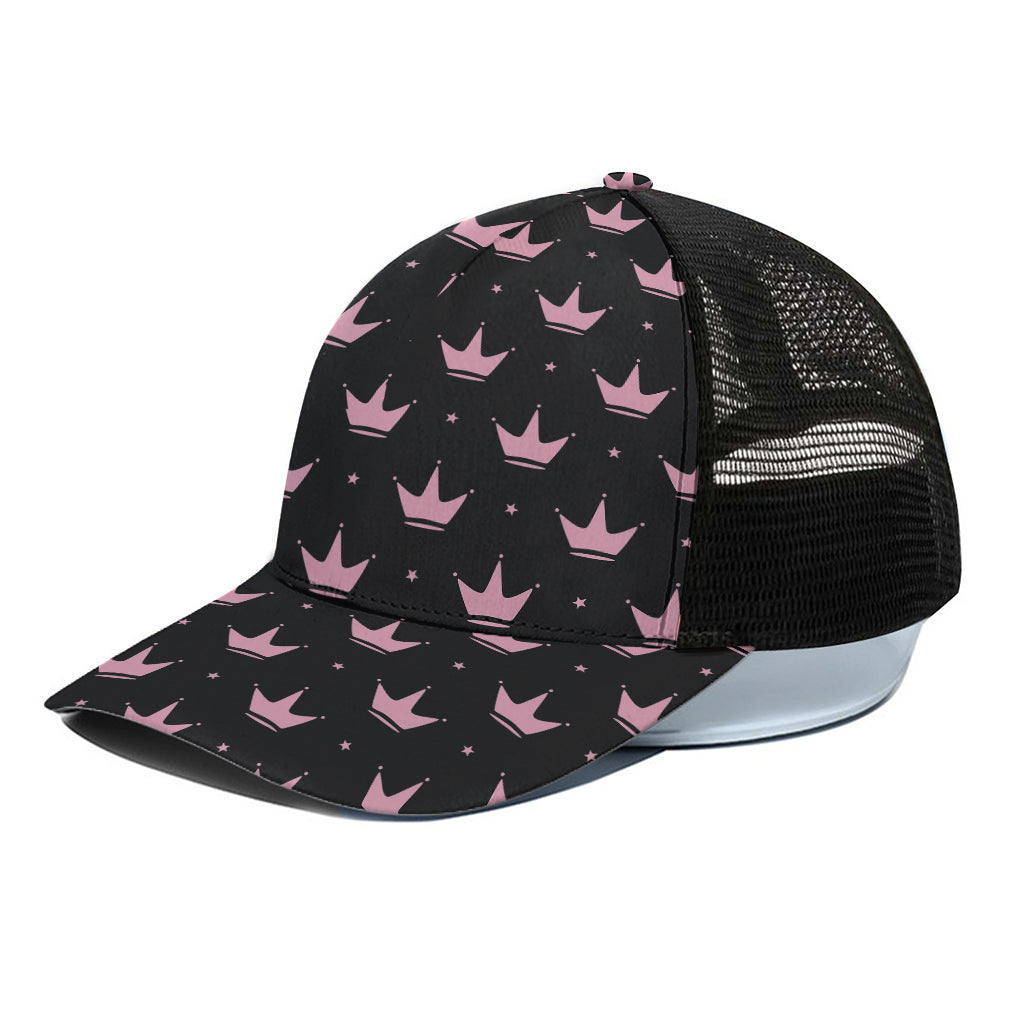 Pink Crown Pattern Print Black Mesh Trucker Cap