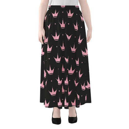 Pink Crown Pattern Print Chiffon Maxi Skirt