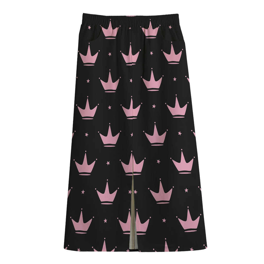 Pink Crown Pattern Print Cotton Front Slit Maxi Skirt