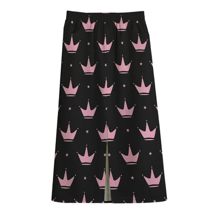 Pink Crown Pattern Print Cotton Front Slit Maxi Skirt