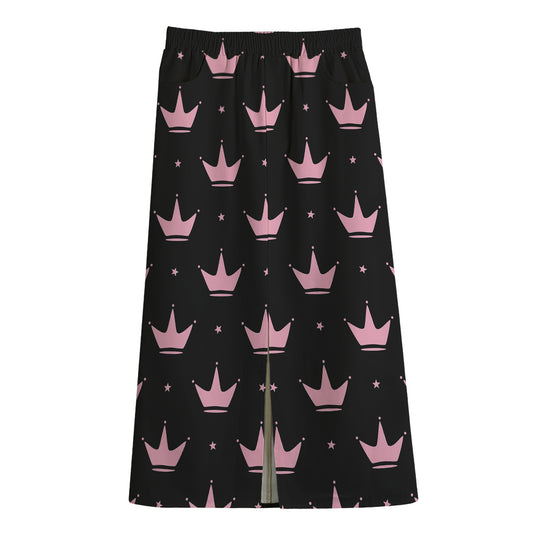 Pink Crown Pattern Print Cotton Front Slit Maxi Skirt