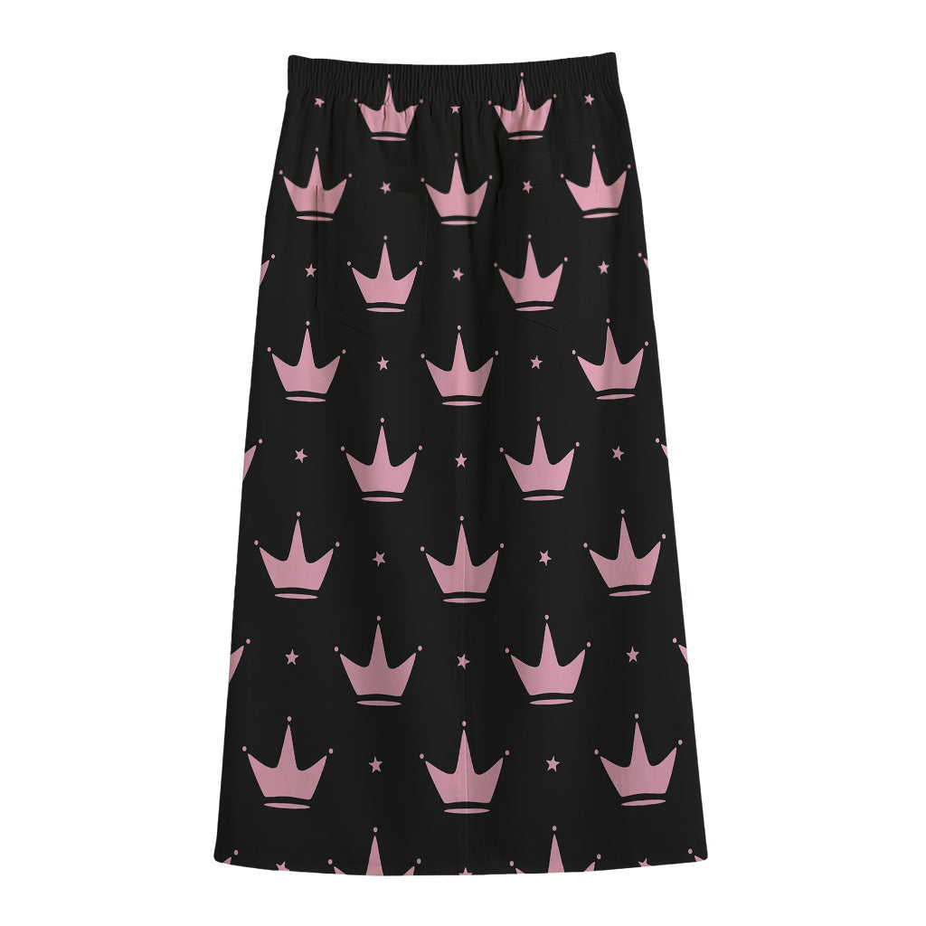 Pink Crown Pattern Print Cotton Front Slit Maxi Skirt