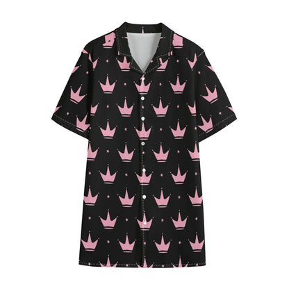 Pink Crown Pattern Print Cotton Hawaiian Shirt