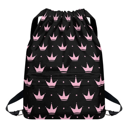 Pink Crown Pattern Print Drawstring Backpack