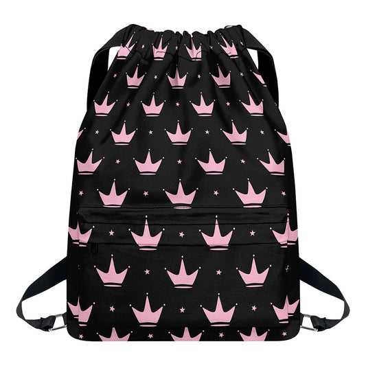 Pink Crown Pattern Print Drawstring Backpack