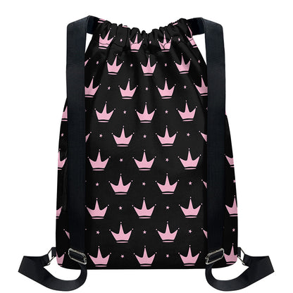 Pink Crown Pattern Print Drawstring Backpack