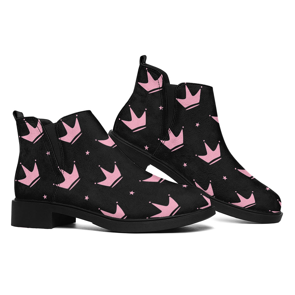 Pink Crown Pattern Print Flat Ankle Boots