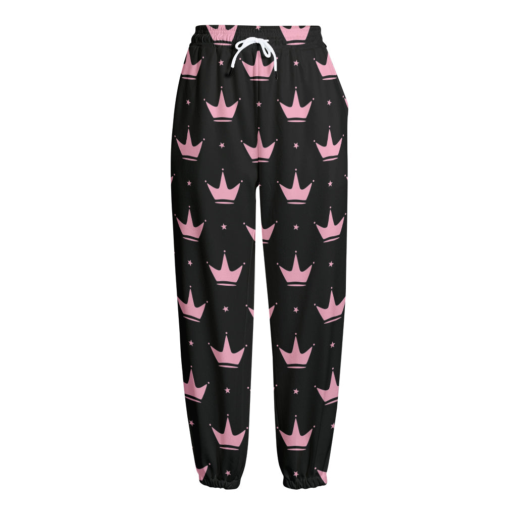 Pink Crown Pattern Print Fleece Lined Knit Pants