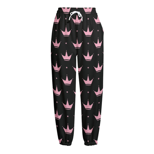 Pink Crown Pattern Print Fleece Lined Knit Pants