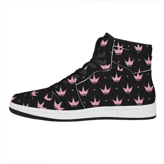 Pink Crown Pattern Print High Top Leather Sneakers