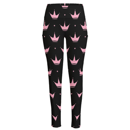 Pink Crown Pattern Print High-Waisted Pocket Leggings