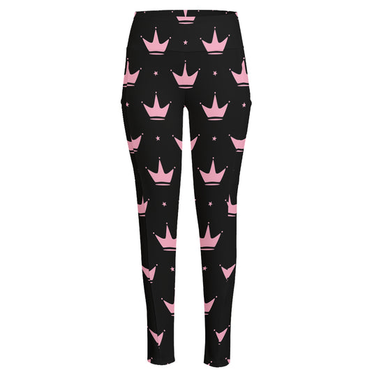 Pink Crown Pattern Print High-Waisted Pocket Leggings