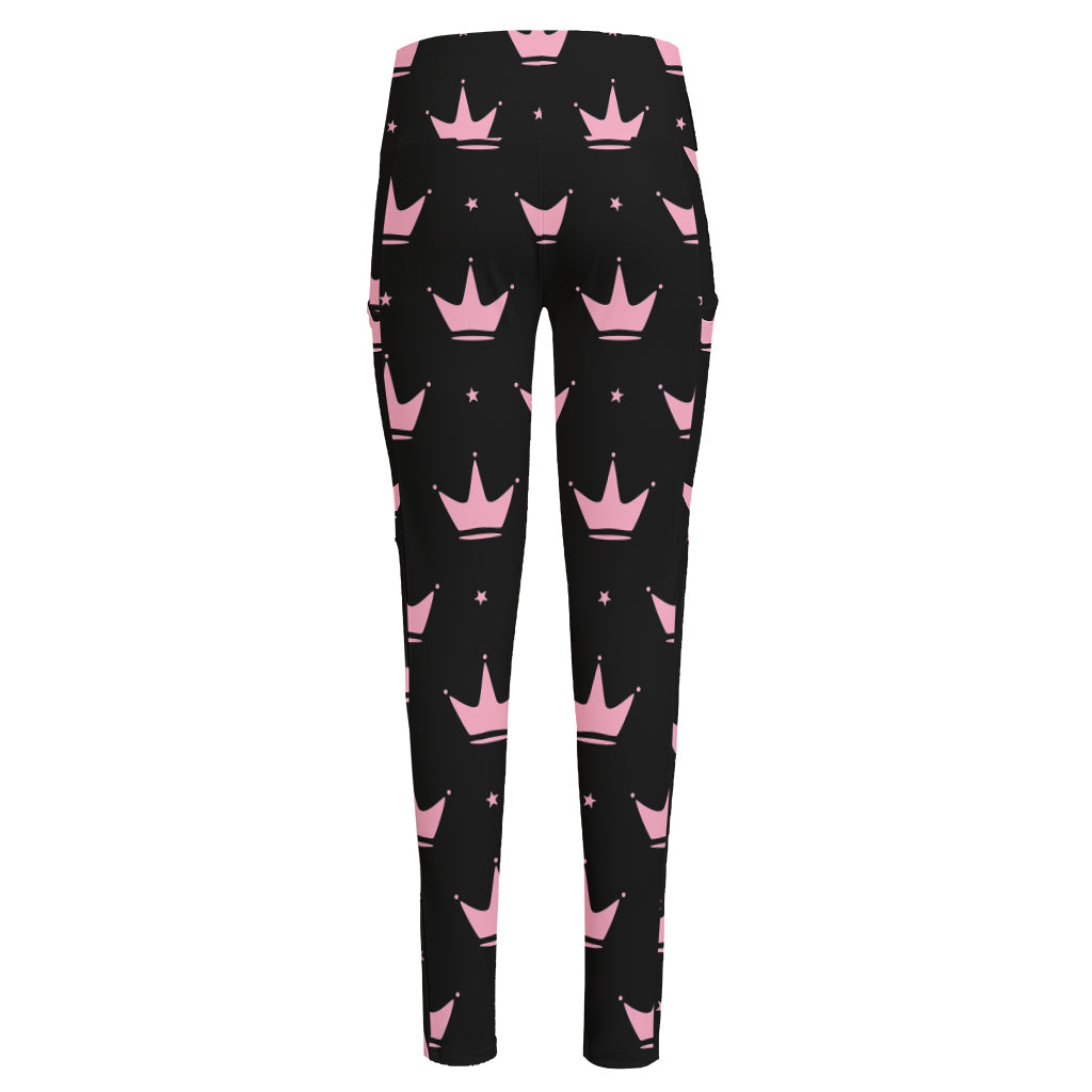 Pink Crown Pattern Print High-Waisted Pocket Leggings
