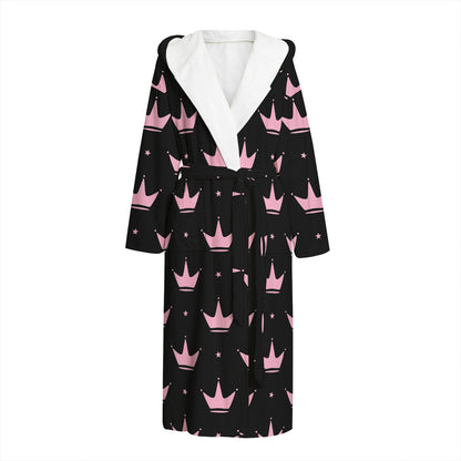 Pink Crown Pattern Print Hooded Bathrobe