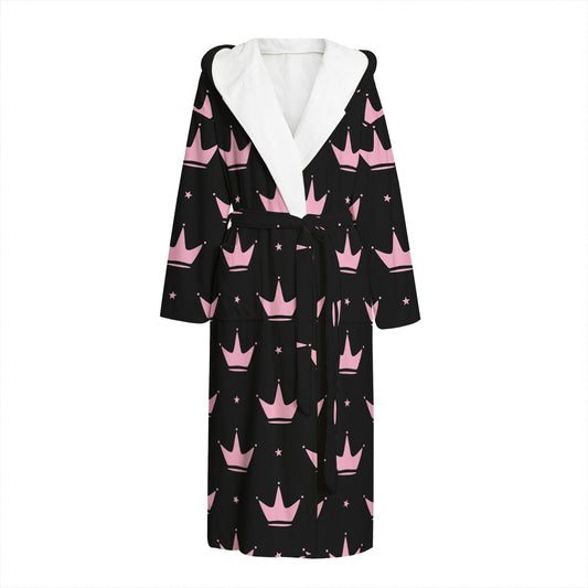 Pink Crown Pattern Print Hooded Bathrobe