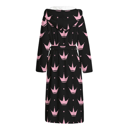 Pink Crown Pattern Print Hooded Bathrobe