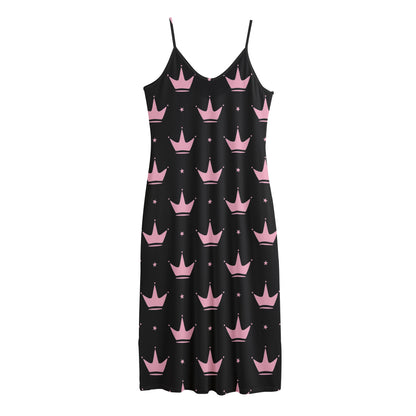 Pink Crown Pattern Print Jersey Midi Cami Dress