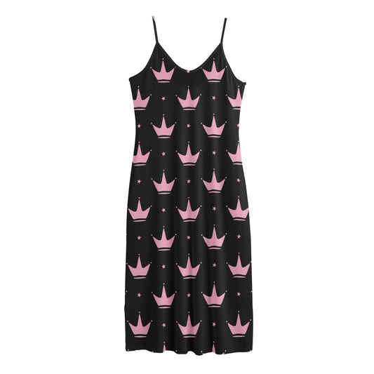Pink Crown Pattern Print Jersey Midi Cami Dress