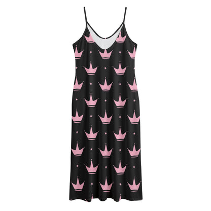 Pink Crown Pattern Print Jersey Midi Cami Dress