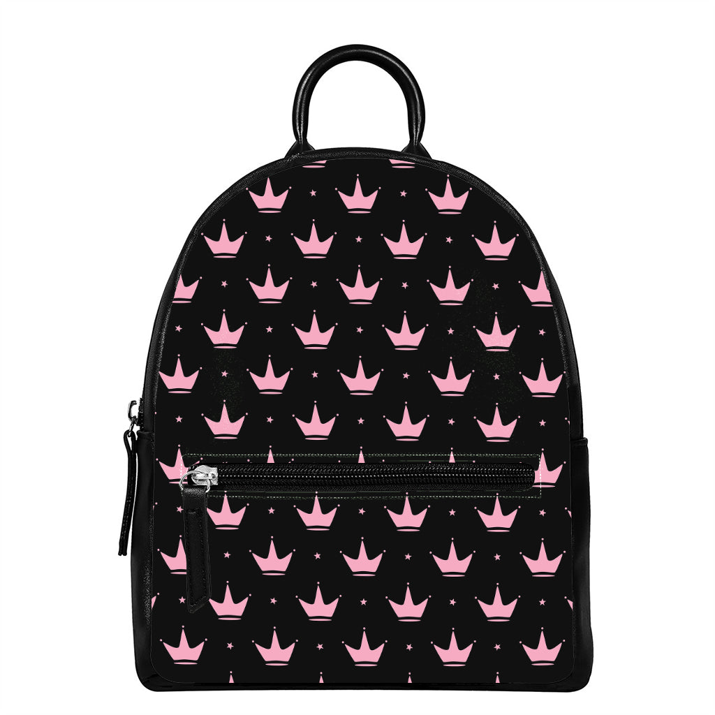 Pink Crown Pattern Print Leather Backpack