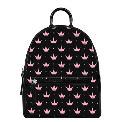 Pink Crown Pattern Print Leather Backpack