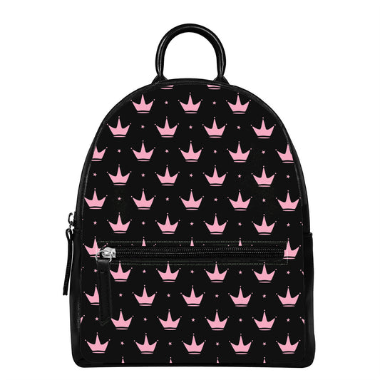 Pink Crown Pattern Print Leather Backpack