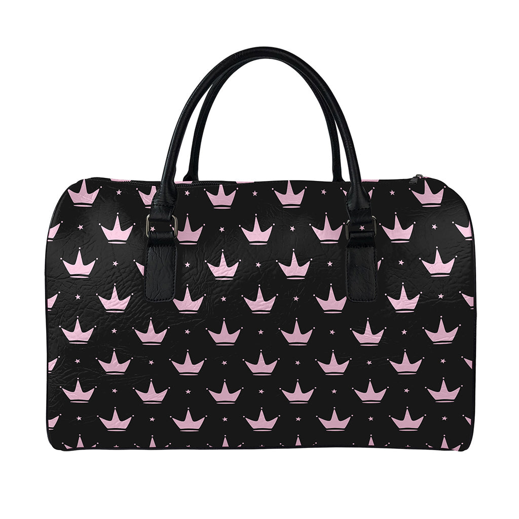 Pink Crown Pattern Print Leather Duffle Bag