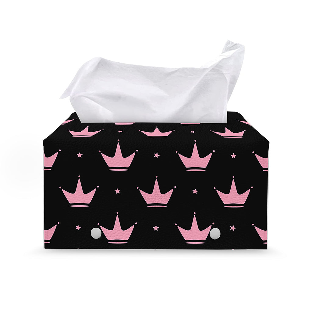 Pink Crown Pattern Print Leather Tissue Box Cover