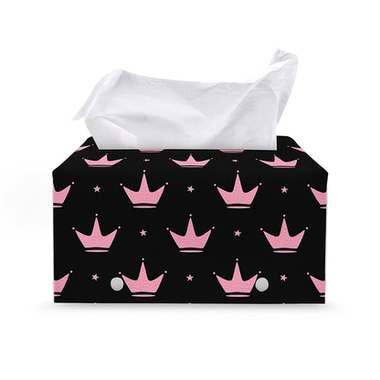 Pink Crown Pattern Print Leather Tissue Box Cover