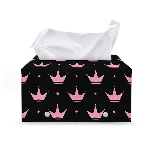 Pink Crown Pattern Print Leather Tissue Box Cover