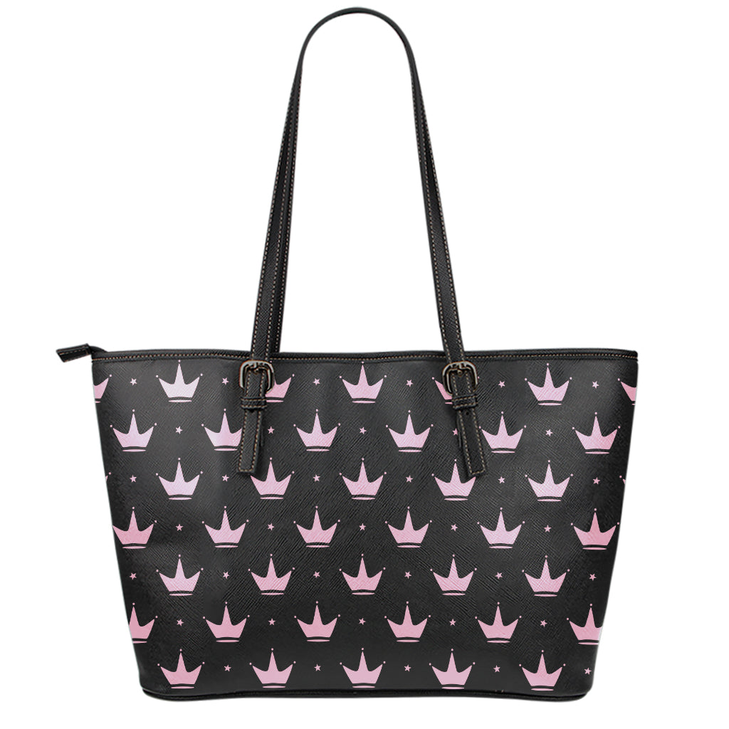 Pink Crown Pattern Print Leather Tote Bag