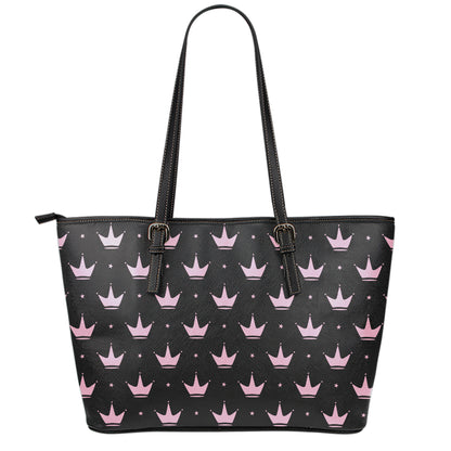 Pink Crown Pattern Print Leather Tote Bag