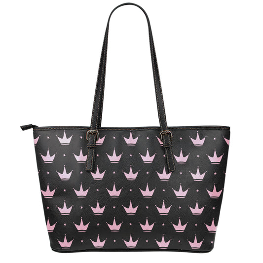Pink Crown Pattern Print Leather Tote Bag