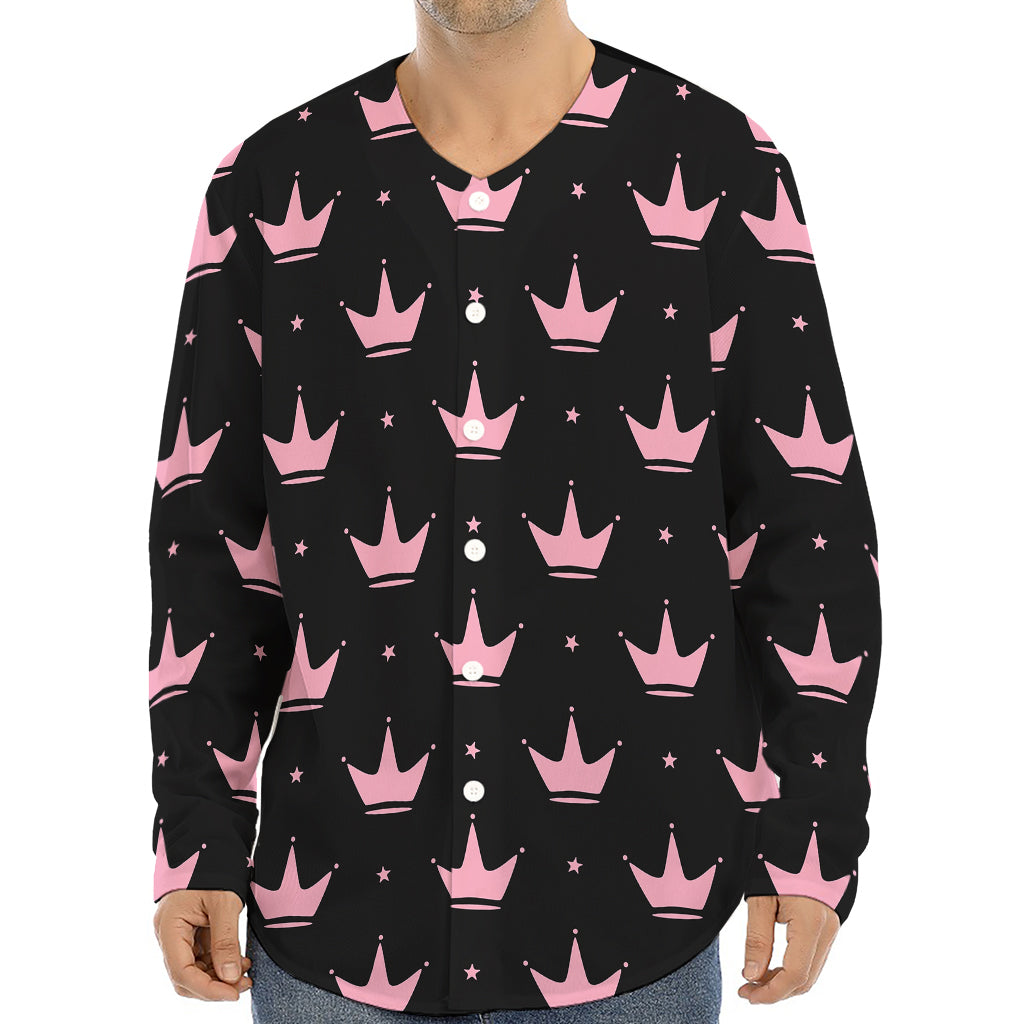 Pink Crown Pattern Print Long Sleeve Baseball Jersey