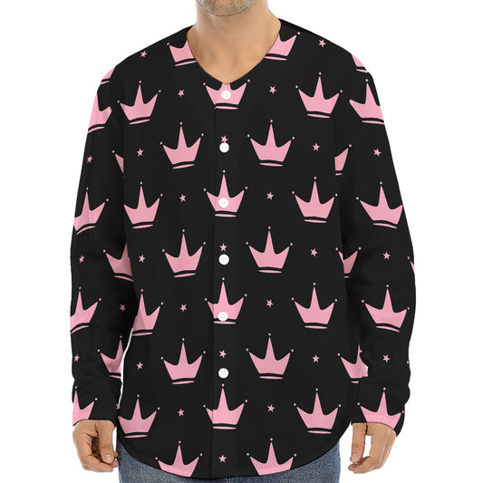 Pink Crown Pattern Print Long Sleeve Baseball Jersey