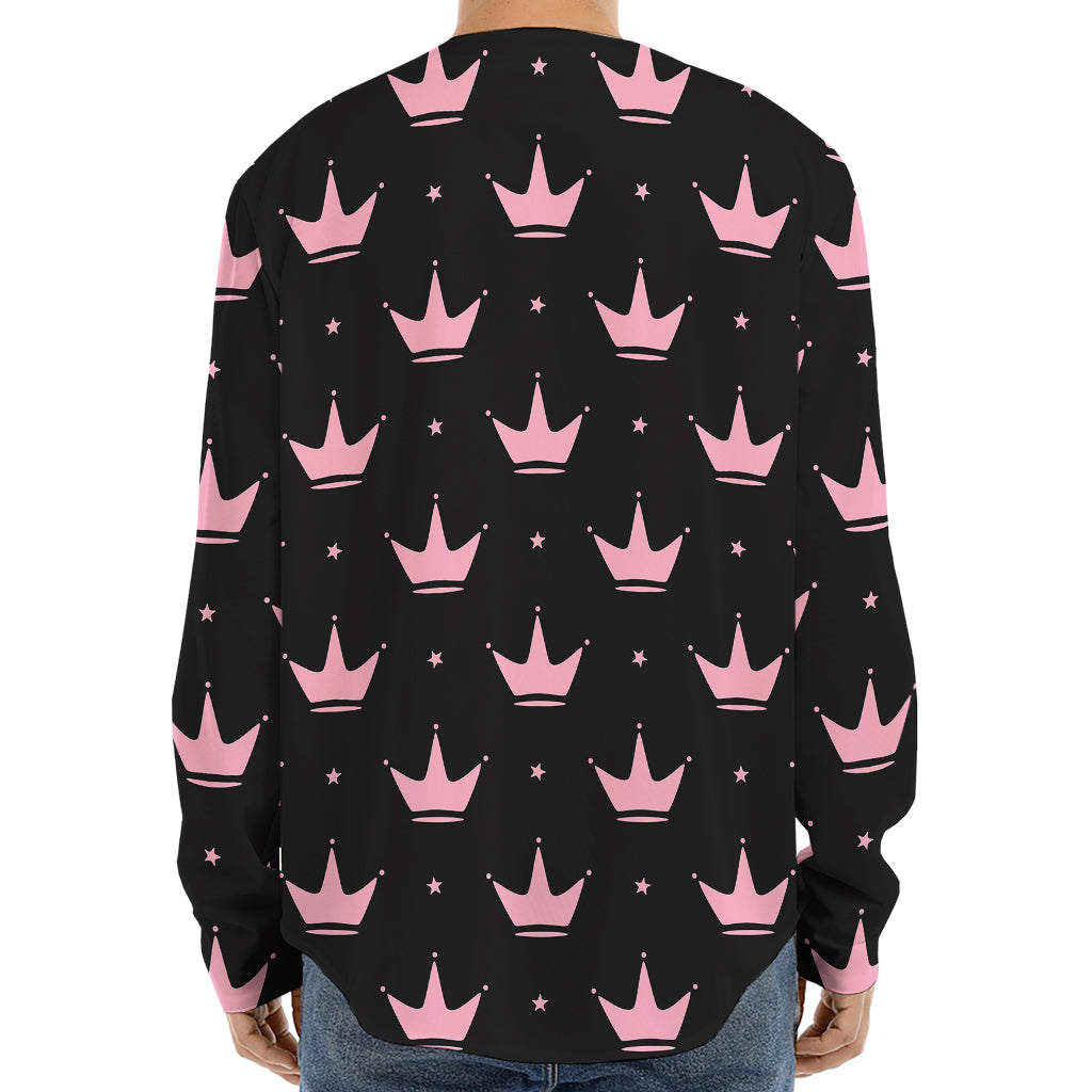 Pink Crown Pattern Print Long Sleeve Baseball Jersey