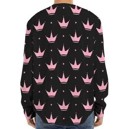 Pink Crown Pattern Print Long Sleeve Baseball Jersey