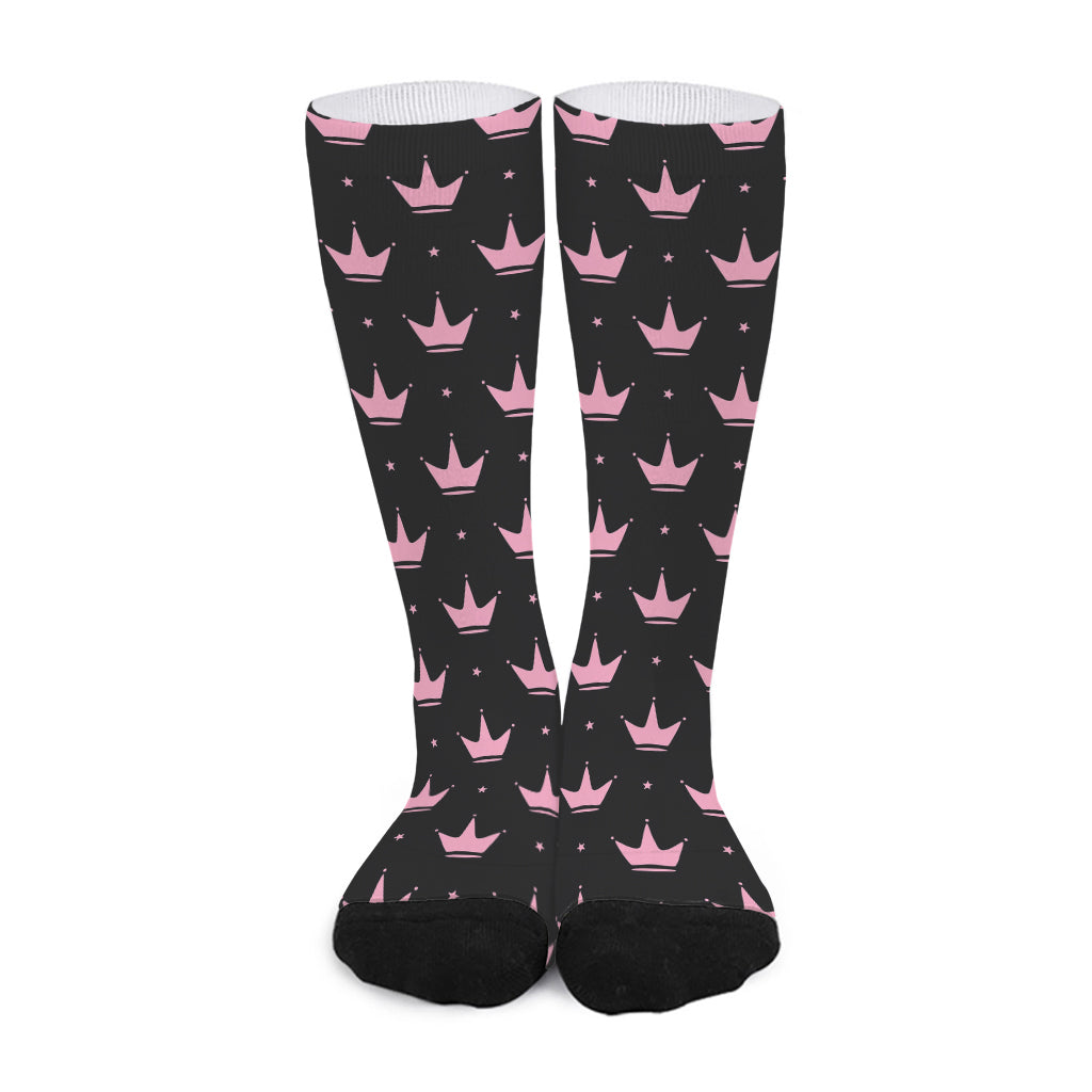 Pink Crown Pattern Print Long Socks