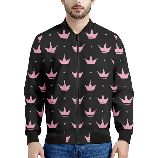 Pink Crown Pattern Print Men's Bomber Jacket