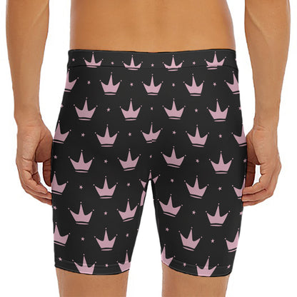 Pink Crown Pattern Print Men's Long Boxer Briefs